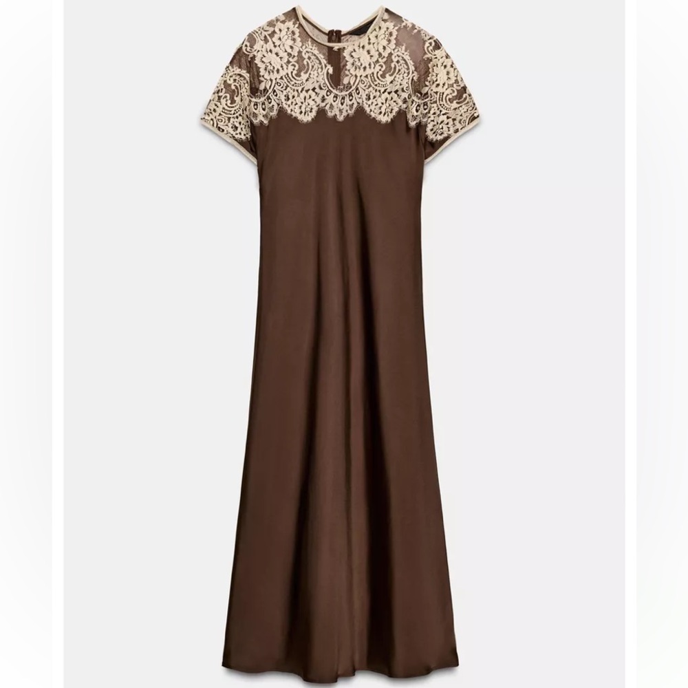 ZARA SATIN LACE DRESS ZW COLLECTION LIMITED EDITION BROWN MEDIUM
